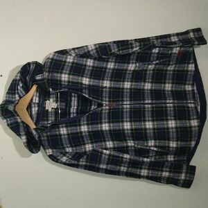 LL Bean Zip Front Flannel Hoodie Blue Green Plaid